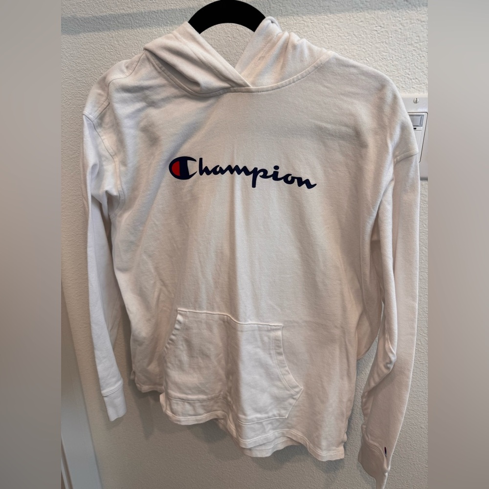 Champion Off-White Hoodie with Navy and Red Logo